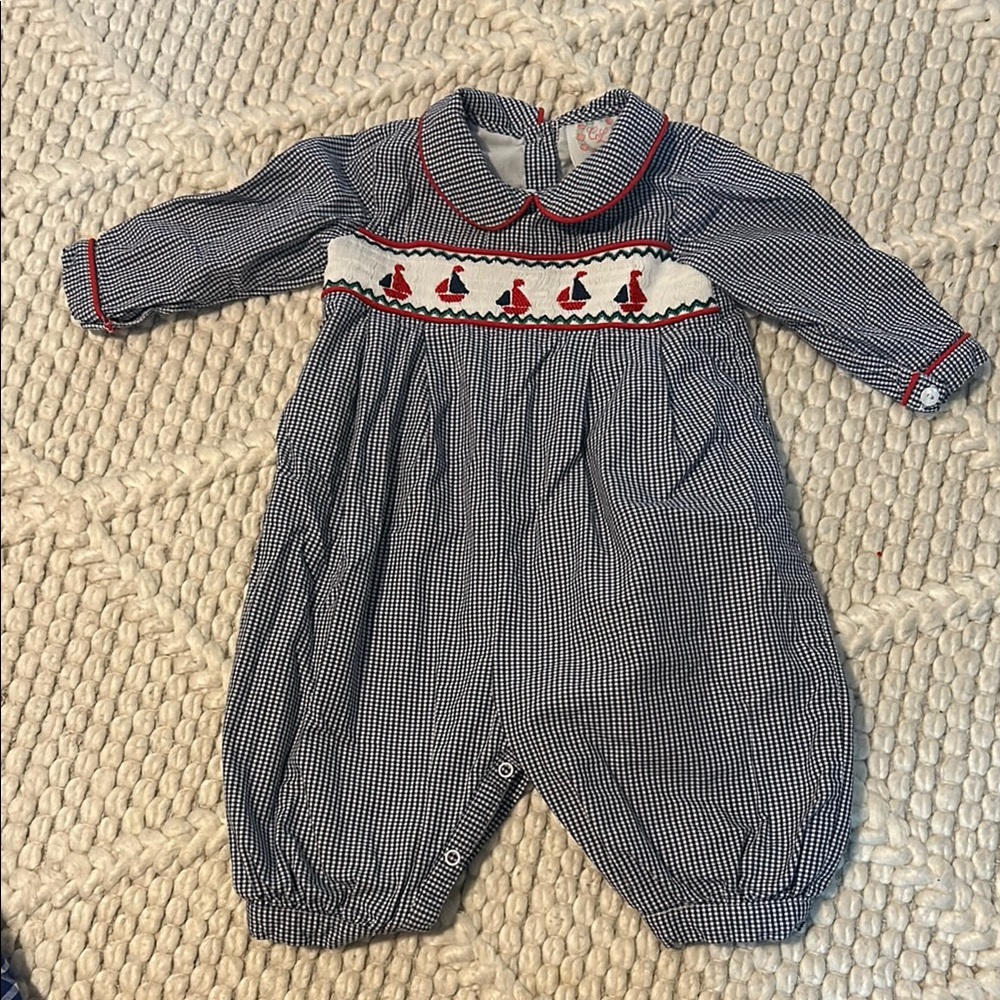 Blue and Red Footies with Smocked Chest and Bubble Bottom